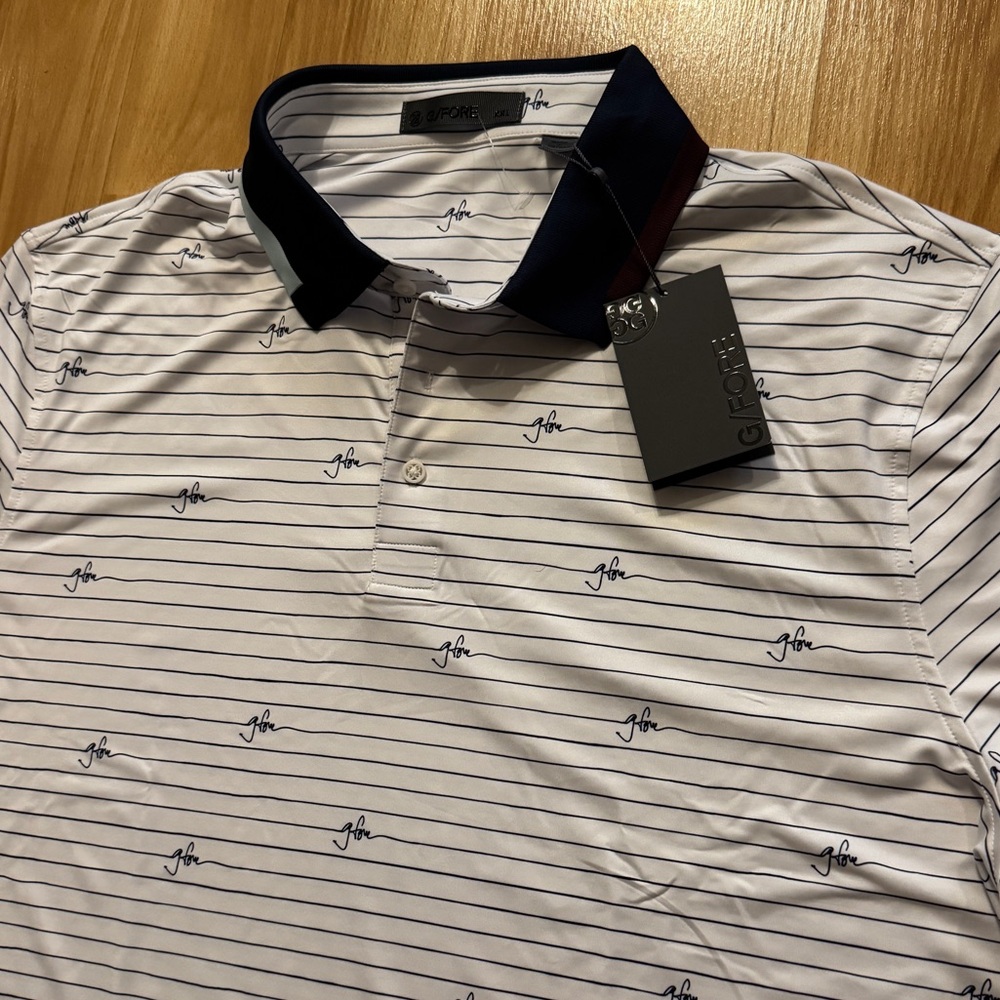 NEW- G Fore G4 Script Stripe Tech Performance Polo Collard Golf Shirt- Men’s 2XL